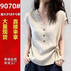 批发高级感短袖<b class='q'>衬衫</b>女2026夏季新款洋气V领蕾丝拼接轻奢通勤小衫上衣