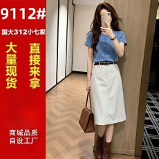 批发法式独特漂亮一整套女夏装蓝色正肩短袖t恤<b class='q'>新款</b>白色<b class='q'>半身裙</b>两件套