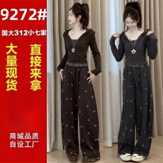 批发时尚套装女2026秋季新款一整套穿搭假两件连帽上衣阔腿<b class='q'>裤</b><b class='q'>两件套装</b>