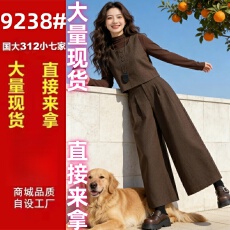 批发时尚复古套装女<b class='q'>春秋</b>季新款长袖T恤打底衫毛呢料马甲阔腿裤三件套