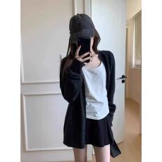 批发黑色针织开衫女春秋小个子休闲宽松慵懒风外搭毛衣外套中长款上衣