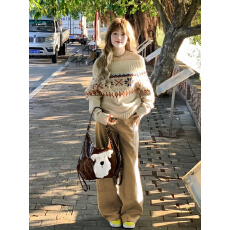 批发一整套ootd穿搭高级感慵懒韩系费尔岛麻花针织毛衣<b class='q'>休闲裤</b>两件套女