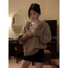 批发高级感V领大毛领麻花毛衣<b class='q'>半身裙</b>秋冬气质慵懒温柔宽松百搭套装女