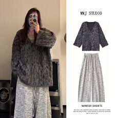 批发<b class='q'>冬</b>季美式复古慵懒风加厚V领豹纹毛衣裤子气质炸街高级感气质套装