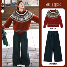 批发秋冬穿搭一整套2025超火巨好看韩系休闲<b class='q'>时尚</b>洋气红色圣诞毛衣套<b class='q'>装</b>