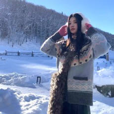 蓝色费尔岛针织毛衣外套女秋冬新款慵懒风高级感加厚保暖长袖上衣