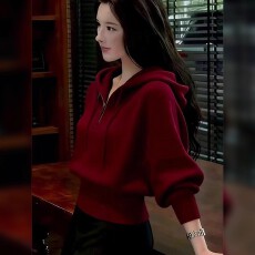 批发<b class='q'>胖</b><b class='q'>mm</b>大码女装红色半拉链连帽针织衫女秋冬季慵懒风老钱风新年毛衣