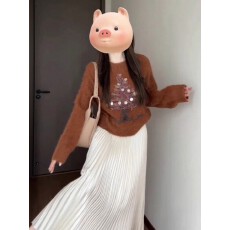 批发冬季慵懒咖色亮片圆领毛衣<b class='q'>半身裙</b><b class='q'>女</b>韩系慵懒风圣诞树刺绣洋气套装