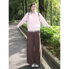 批发韩系一整套ootd穿搭冬季学院风粉色麻花假两件毛衣阔腿裤两件套装