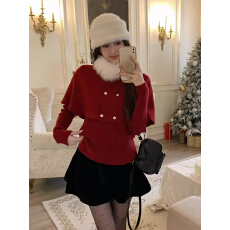 批发冬季红色圣诞氛围感毛领斗篷毛衣半身裙高级千金感气质新年套装女
