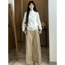 批发韩系学院风白色毛衣开衫外套裤子2025新款设计感小众针织两件套装