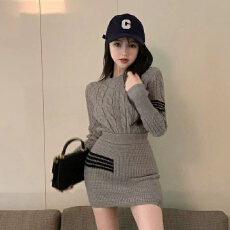 批发冬季气质miu系学院风时尚纯欲针织上衣包臀短裙套装毛衣裙两件套