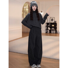 批发冬季半高领毛衣格子裤两件套气质高级感慵懒风显瘦复古时尚套装女