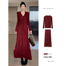 批发秋冬高级感订婚衣服穿搭一整套装裙子女2025新款针织红色两件套装