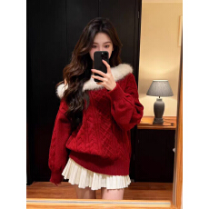 批发韩系毛领一字肩绞花毛衣半身裙女秋冬辣妹高级感红色圣诞新年<b class='q'>套装</b>