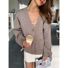 批发欧美v领口袋<b class='q'>针织</b><b class='q'>开衫</b>2025秋冬新款宽松慵懒软糯设计感毛衣外套女