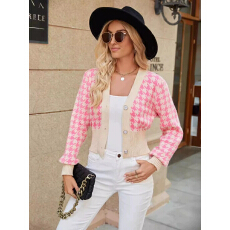 批发秋冬季新款千鸟格<b class='q'>针织</b>提花宽松灯笼袖<b class='q'>针织</b><b class='q'>开衫</b>欧美短款毛衣外套