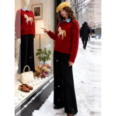 批发2026超火冬<b class='q'>装</b>一整套本命年小马提花圆领软糯红色针织毛衣长<b class='q'>裤</b>套<b class='q'>装</b>