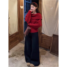 批发韩系红色一字领绞花毛衣<b class='q'>牛仔</b>裤女冬季温柔风显瘦露肩圣诞新年<b class='q'>套装</b>
