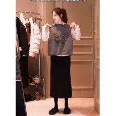 批发张元一同款女装韩系气质重工镶钻<b class='q'>蝴蝶结</b>针织马甲背心秋冬三件套装