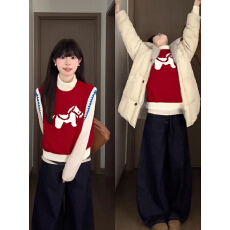 批发红色小马提花叠穿针织马甲背心女2026春节小个子韩系chic穿搭套<b class='q'>装</b>