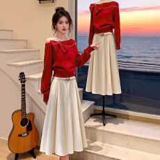 法式温柔风超好看斜肩蝴蝶结红色针织衫半身裙小众洋气时髦两件套