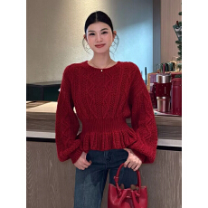 批发跨年氛围感新年红色麻花毛衣女秋冬宽松慵懒高级感加厚收腰针织衫