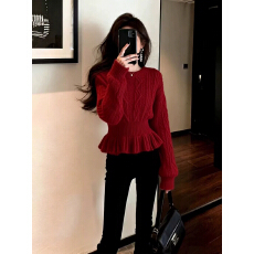 批发法式灯笼袖圆领套头打底毛衣女秋冬季加厚保暖收腰内搭针织衫上衣