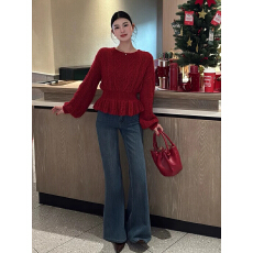 批发法式灯笼袖圆领套头打底毛衣女秋冬季加厚保暖收腰内搭针织衫上衣