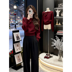 批发慵懒风气质蝴蝶结针织衫毛衣<b class='q'>裤</b>子女氛围感圣诞新年红色显瘦套<b class='q'>装</b>