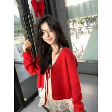 批发韩系v领圣诞红针织<b class='q'>开衫</b>秋季上衣女<b class='q'>短款</b>花边吊带背心叠穿两件套