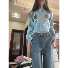 批发2026春季蓝色短款毛衣开<b class='q'>衫</b>女春秋提花小狗超好看内搭打底<b class='q'>衫</b>小上衣