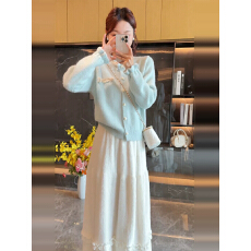 批发2026<b class='q'>新款</b>韩系巨好看蓝色针织套装连衣裙子女秋冬季温柔风穿搭长裙