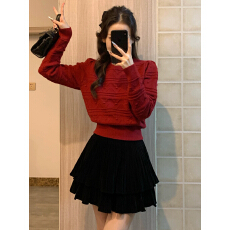 批发法式红色<b class='q'>镂空</b>毛衣半身裙女泡泡袖高级感<b class='q'>针织衫</b>气质收腰小香风套装