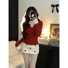 批发冬季红色式复古纯欲风v领毛绒<b class='q'>毛衣</b>韩系少女感半身爱心A字裙套装女