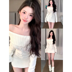 批发白色一字肩针织毛衣<b class='q'>连衣裙</b>子女春秋季2026新款配大衣内搭包臀短