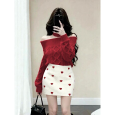 批发2026新年战袍红色麻花绞八针织毛衣半身裙两件套纯欲风聚会套装女