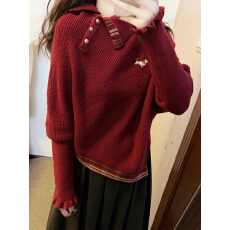 批发韩系新年新款穿搭红色翻领毛衣女冬季2026新款独特漂亮冬装一整套