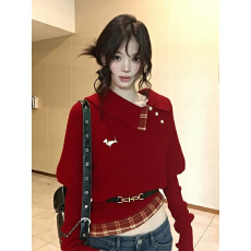 批发新年红色<b class='q'>不规则</b>翻领毛衣女秋冬季蝙蝠袖软糯<b class='q'>针织衫</b>宽松氛围感上衣