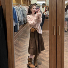 批发温柔风粉色毛衣套装<b class='q'>连衣裙</b>子女2025新款巨好看秋冬穿搭一整套长裙