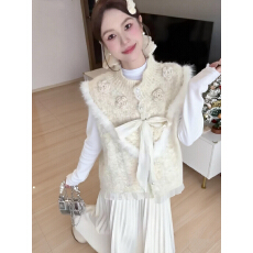 批发春季法式温柔风立体花朵针织马甲半身裙女叠穿蝴蝶结毛衣背心套装