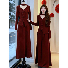 批发红色系穿搭一整套独特漂亮红色毛衣半身裙超好看两件套装2026春季