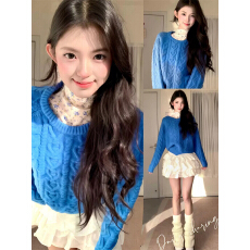 批发春季韩系蓝色麻花毛衣半身裙宽松慵懒软糯温柔显瘦氛围感三件套