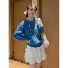 批发韩系蓝色麻花针织气质连衣裙子女2026新款软糯独特漂亮春装一整套