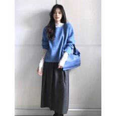 批发韩系蓬松船领斜肩毛衣女春季气质温柔宽松毛织半身裙显瘦三件套