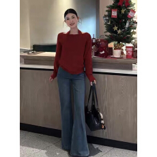 批发2026新款内搭设计感挂脖斜肩针织衫<b class='q'>牛仔裤</b>女高级感时尚气质套装