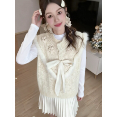 批发法式温柔风立体花朵针织马甲半身裙秋冬百搭叠穿蝴蝶结三件套装女