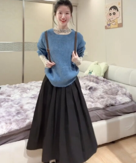 한 부서 모헤어 보트 칼라 파란색 스웨터 반신 스커트 여성 새로운 디자인 센스 부드러운 슬림해 보이는 세 조각 세트 여성