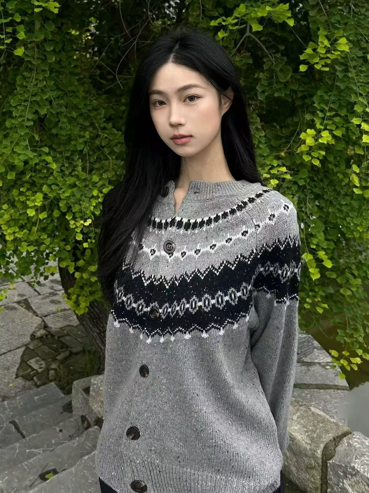 공정한 섬 레트로 자카드 단추 니트 오픈 가디건 남자 겨울 느긋한 바람 부드러운 찹쌀 다용도 cleanfit 스웨터 코트