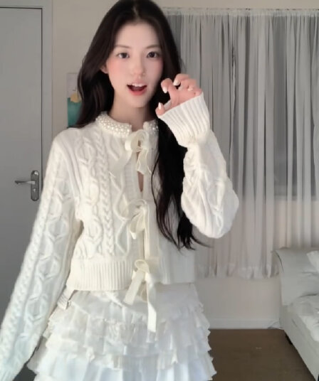 봄 레트로 크로 셰 뜨개질 레이스업 나비 매듭 니트 오픈 가디건 여성 수공 진주 칼라 쇼트 스타일 슬림해 보이는 스웨터 코트